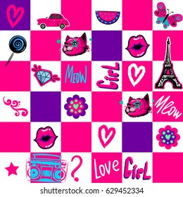 squares seamless pattern for girls, textile, wrapping papee. cute childish repeated backdrop with decorative  flower, hearts, kiss lips, Eiffel tower, diamond, butterfly,cat, record player, old car