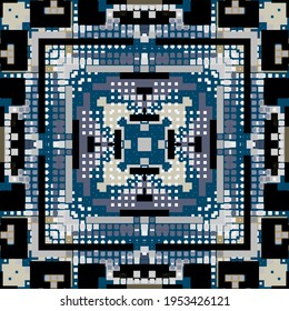 Squares seamless pattern. Mosaic colorful vector background. Repeat digital backdrop. Modern halftone pixel ornaments. Abstract plaid tartan geometric design with square shapes, frames, tiles.