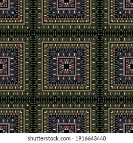 Squares seamless pattern. Plaid tartan style vector background. Geometric repeat colorful backdrop. Checkered tribal ethnic ornaments. Ornamental square shapes, borders, frames, zigzag lines, flowers.