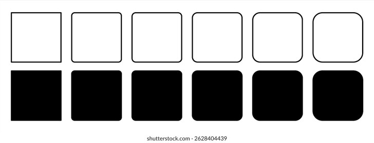 Squares set with rounded borders and corners in various styles flat and outline, geometric shapes and frames isolated, vector 10 eps.