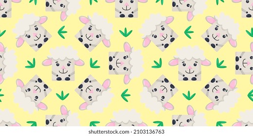 Squares sheep Seamless pattern. Vector Background with the faces of sheep. Template for the packaging, baby textile