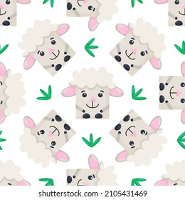 Squares sheep Seamless pattern. Vector Background with the faces of sheep. Template for the packaging, baby textile