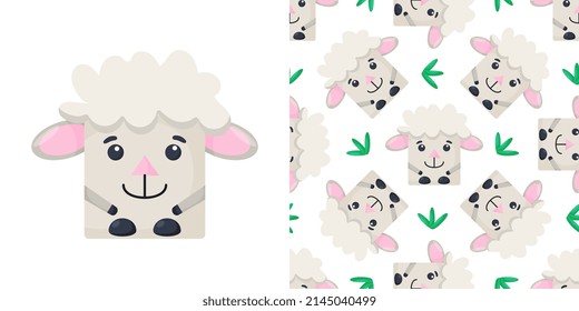 Squares sheep Seamless pattern. Vector Background with the faces of sheep. Template for the packaging, baby textile. Vector illustration