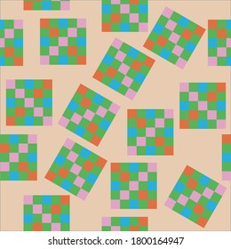 Squares from a square mosaic on a light background for textiles. Seamless pattern. Dynamic composition of flat geometric shapes in red, green, blue and purple on pink background.