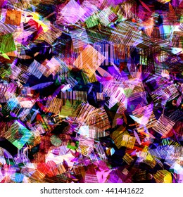 Squares of strokes on a dark backdrop. Ovals, spots in the form of leaves. Orange, purple, red, blue. Abstract seamless vector background. Easy editing. Translucency, overlay, overlap. Randomly.