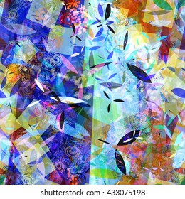 Squares, stylized leaves and feathers. Abstract colorful seamless vector background. Easy editing. For fabric, printing, wrapping paper. Watercolor effect