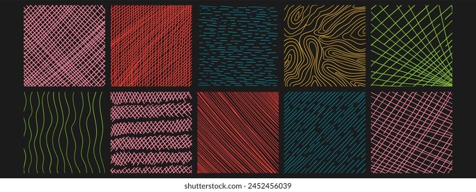 Squares textures with different hand drawn patterns. Vector scribble, horizontal and wave strokes collection
