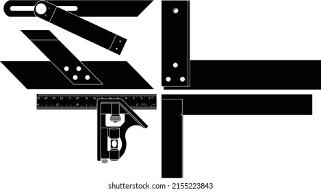 Quadrate Tools einzeln auf weißem Hintergrund. Besteht aus Ingenieuren und Carpenter-Trip-Quadrat, Kombinationsplatz, Miter-Quadrat und Schiebe-t-Kies.