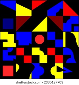 Squares torn in many shapes with colors of black, blue, red and yellow. 
