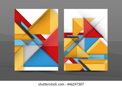 Modelo de cobertura do relatório anual de quadrados e triângulos. Modelo de vetor de brochura de negócios de cor, página frontal, tamanho A4, plano de fundo abstrato do folheto, design de revista, layout do folheto