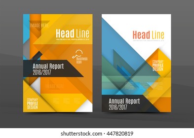Squares and triangles annual report cover template. Color business brochure vector template, front page, A4 size, leaflet abstract background, magazine design, flyer layout