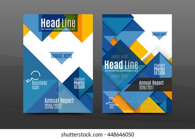 Squares and triangles annual report cover template. Color business brochure vector template, front page, A4 size, leaflet abstract background, magazine design, flyer layout
