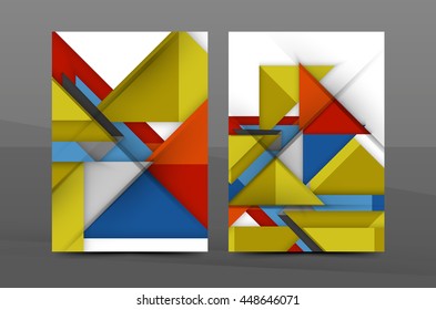 Squares and triangles annual report cover template. Color business brochure vector template, front page, A4 size, leaflet abstract background, magazine design, flyer layout