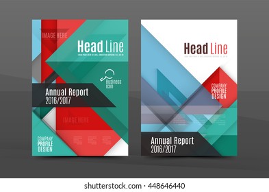 Squares and triangles annual report cover template. Color business brochure vector template, front page, A4 size, leaflet abstract background, magazine design, flyer layout