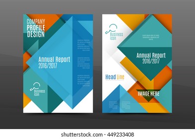 Squares and triangles annual report cover template. Color business brochure vector template, front page, A4 size, leaflet abstract background, magazine design, flyer layout