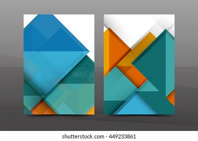 Squares and triangles annual report cover template. Color business brochure vector template, front page, A4 size, leaflet abstract background, magazine design, flyer layout