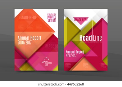 Squares and triangles annual report cover template. Color business brochure vector template, front page, A4 size, leaflet abstract background, magazine design, flyer layout