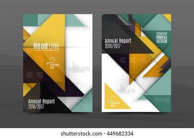 Squares and triangles annual report cover template. Color business brochure vector template, front page, A4 size, leaflet abstract background, magazine design, flyer layout