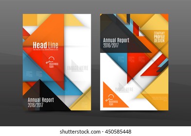 Squares and triangles annual report cover template. Color business brochure vector template, front page, A4 size, leaflet abstract background, magazine design, flyer layout