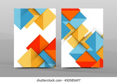 Squares and triangles annual report cover template. Color business brochure vector template, front page, A4 size, leaflet abstract background, magazine design, flyer layout