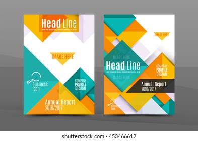 Squares and triangles annual report cover template. Color business brochure vector template, front page, A4 size, leaflet abstract background, magazine design, flyer layout