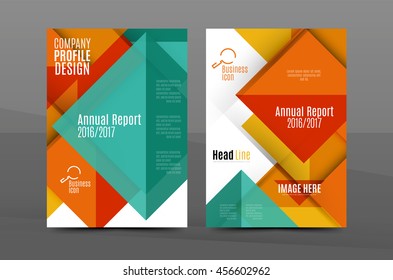 Squares and triangles annual report cover template. Color business brochure vector template, front page, A4 size, leaflet abstract background, magazine design, flyer layout