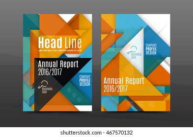 Squares and triangles annual report cover template. Color business brochure vector template, front page, A4 size, leaflet abstract background, magazine design, flyer layout
