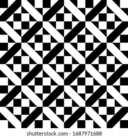 Squares, triangles, figures seamless pattern. Folk wallpaper. Geometric background. Checks, triangular shapes, forms ornate. Tribal motif. Ethnic ornament. Textile print, abstract. Vector artwork.
