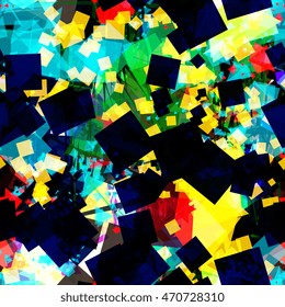 Squares, triangles, sharp-angled spots. Colorful contrasting pattern. Abstract seamless vector background.