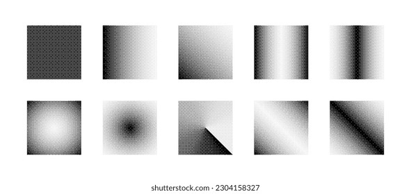 Cuadrados Con Varios Vectores De Gradiente De Mapa De Bitmap Aislados En Fondo Blanco. Retro 8 Bits Estilo Arte Gráfico Diferentes Texturas Diseño Colección Elementos. Formas de brutalidad de medio tono de ruido negro