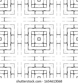 Squares vector seamless pattern. Abstract black and white tartan style background with grunge stripes. Monochrome grungy texture. Lines graphic design. Repeat ornamental modern checkered backdrop.