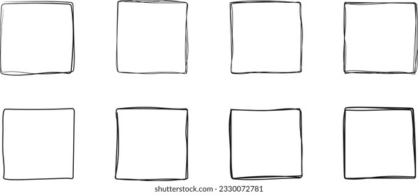 Squares vector set in sketch style.  Frames line in hand drawn style. Сontinuous line square shape for web, social networks. Doodle вesign elements style.