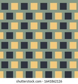 Squares in yellow and black on green background, seamless pattern