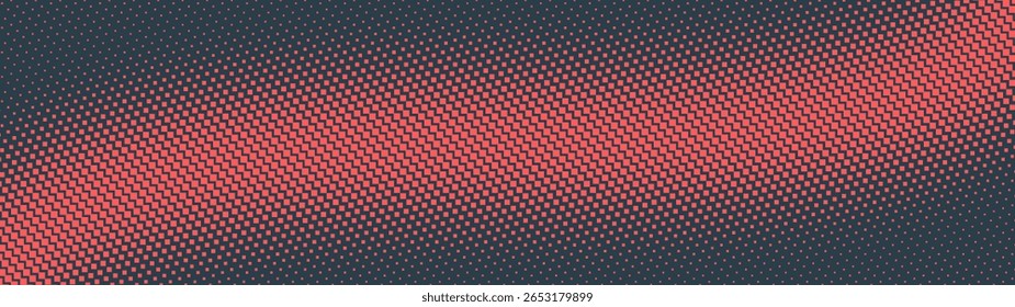 Quadrados padrão de meio-tom de grade em ziguezague borda curva suave ultra larga 32:9 proporção vetor vermelho preto abstrato fundo. Abstração futurista retrô em formato panorâmico de textura de meio tom