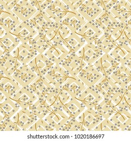 Squares and Zigzag Paint Brush Strokes with flowers Seamless pattern. Vector Abstract Grunge Colorful background with Sakura Branches. Cherry blossoms. Beige Floral Wallpaper