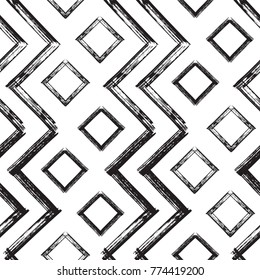 Squares and Zigzag Paint Brush Strokes Seamless pattern. Vector Abstract Grunge background