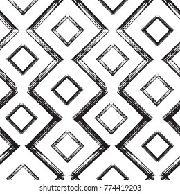 Squares and Zigzag Paint Brush Strokes Seamless pattern. Vector Abstract Grunge background