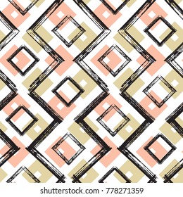 Squares and Zigzag Paint Brush Strokes Seamless pattern. Vector Abstract Grunge background