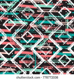 Squares and Zigzag Paint Brush Strokes Seamless pattern. Vector Abstract Grunge background