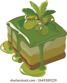 Un postre de forma cuadrada con capas de crema y generosas cantidades de salsa de chocolate matcha.