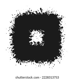 Square-shaped hollow ink splatter icon. A squared shape with varying degrees of liquid and paint splashes. Isolated on a white background.