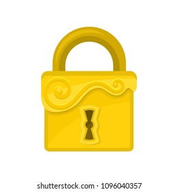 Square-shaped lock with ornamental engraving. Flat vector icon of old golden padlock. Element for computer or mobile game