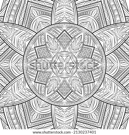 Squaretile style boho, zentangle, doodle. Black pattern on white background. Floral pattern. Arabic style. Abstract icon snowflake. Geometric art poster, wallpaper, frame. Minimal, retro style. Vector