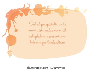 Squarish Banner with Rounded Corners and Garland Created with Marigold Flowers Silhouette. Light Semitransparent Floral Background for Magazine, Recipe book, Poster, Cards, Menu cover etc.