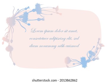 Squarish Banner with Rounded Corners and Garland Created with Cornflower Silhouette. Light Semitransparent Floral Background for Magazine, Recipe book, Poster, Cards, Menu cover etc.