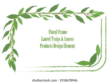 Squarish Frame with Rounded Corners and Hand Drawn Laurel Twigs and Leaves. Rough Brush Strokes for Square Sides. Green Colored Laurel with no strokes. Vector for Culinary and other Products.