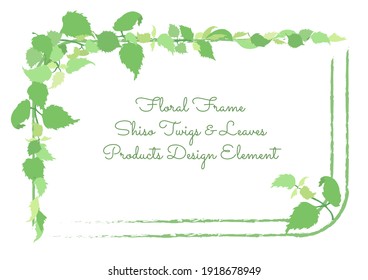 Squarish Frame with Rounded Corners and Hand Drawn Shiso Twigs and Leaves. Rough Brush Strokes for Square Sides. Green Colored Shiso with no strokes. Vector for Culinary and other Products.