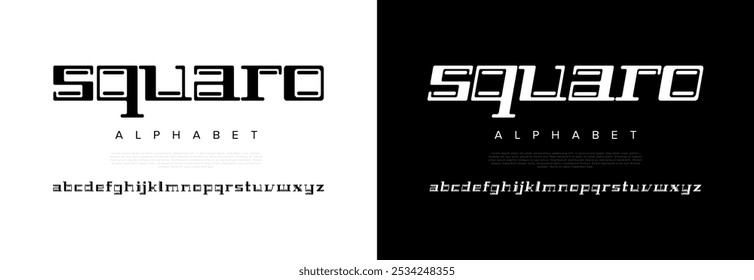 Squaro criativo moderno geométrico urbano alfabeto fonte. Abstrato digital futurista, jogo, techno, robô, música, logotipo, esporte, tipografia de tecnologia mínima. Ilustração de vetor numérico simples