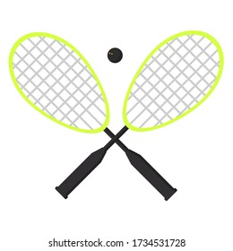 Squash ball and squash racket on white background, vector illustration. Squash equipment. Sport, fitness, activity vector design. Print for logo, T-shirt, website, catalogue, sticker and caps.