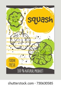 Squash brochure concept design. Retro background. Hand drawn vector illustration. Can be used for street festival, farmers market, country fair, shop, menu, cafe, restaurant, poster, banner.